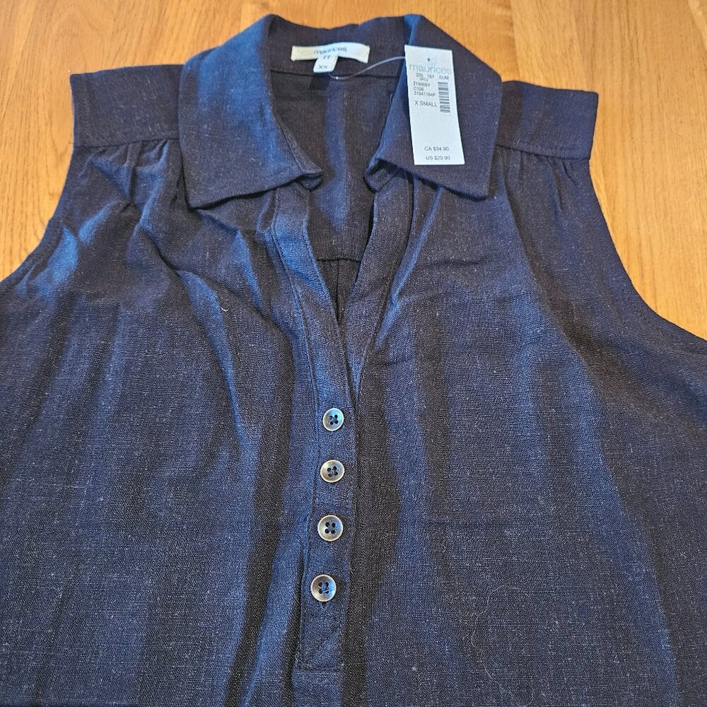 NWT Maurices Rayon-Linen Black Collared Sleeveless Henley XS (Fits Like Sm)